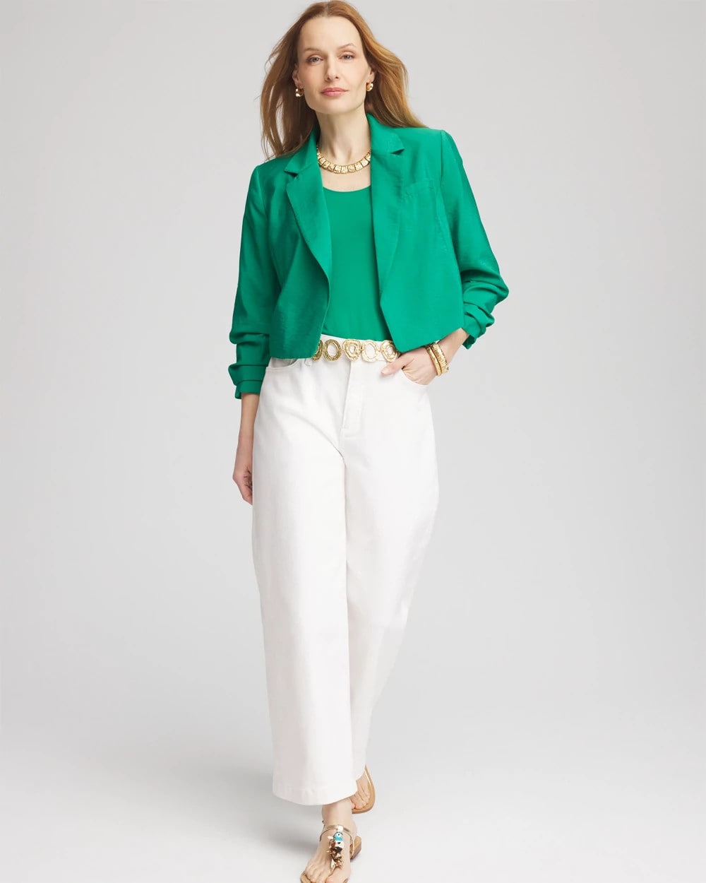 Chico's Cropped Ruched Sleeve Blazer EDEN GREEN