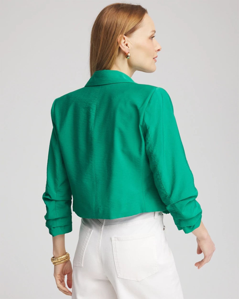 Chico's Cropped Ruched Sleeve Blazer EDEN GREEN