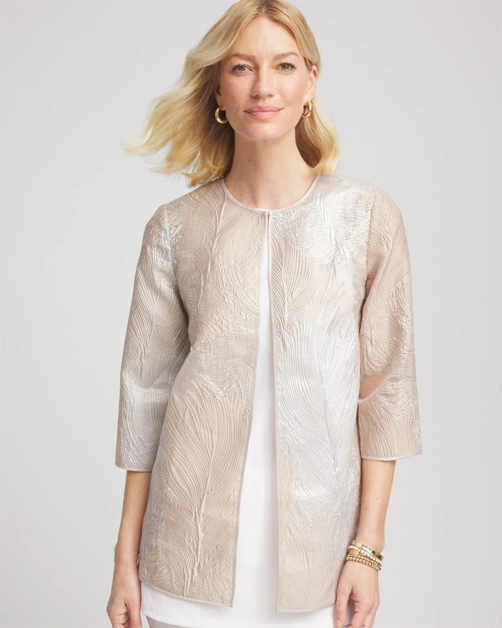 Chico's Travelers™ Collection Metallic 3/4 Sleeve Jacket CAFE AROMA