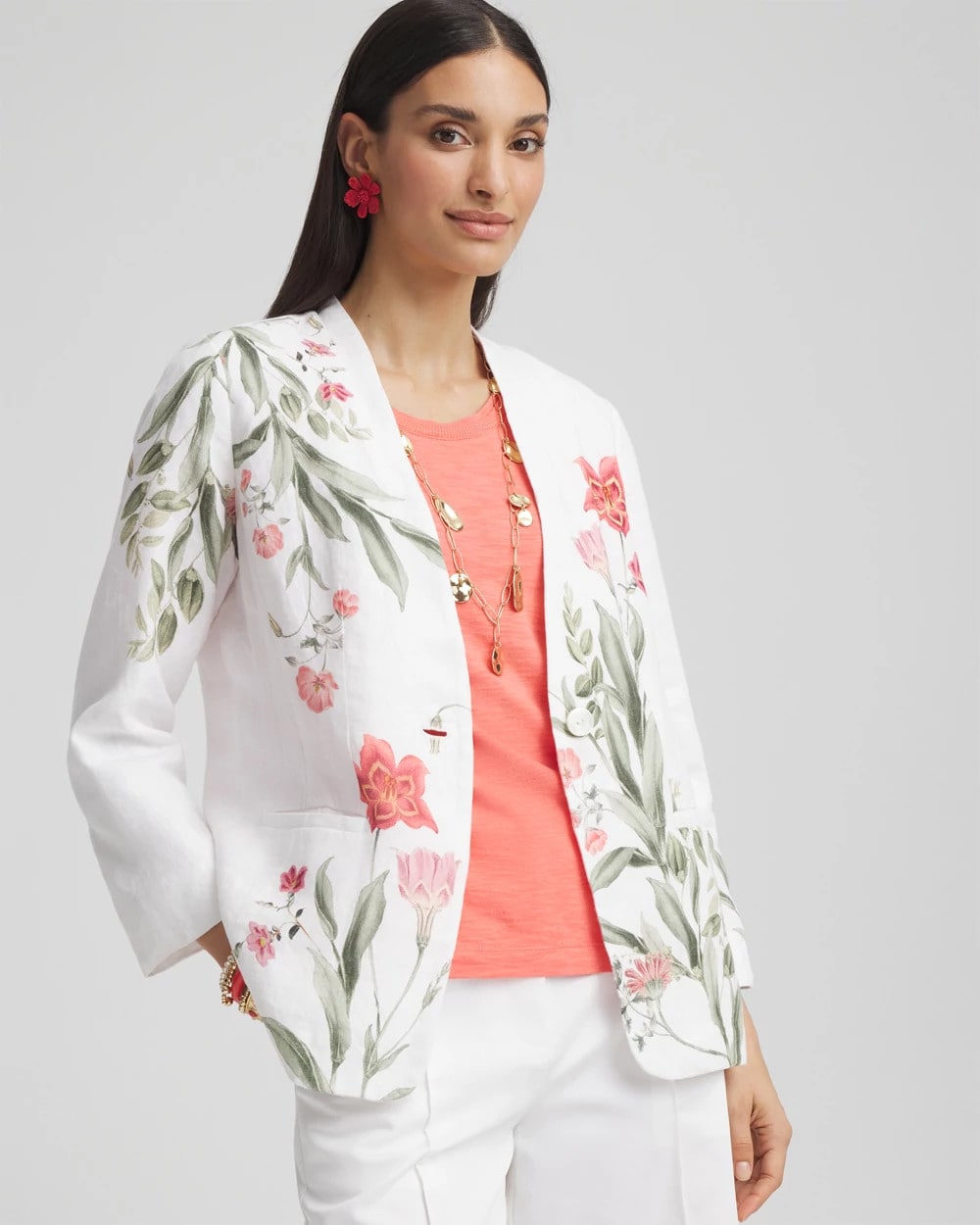 Chico's Floral Linen Non-Stretch Blazer ALABASTER