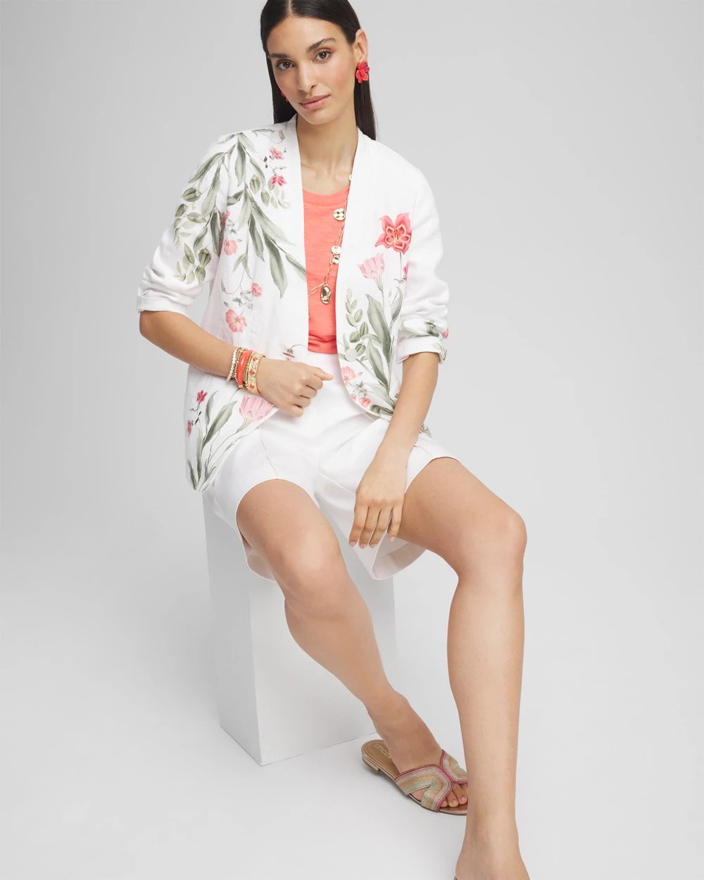 Chico's Floral Linen Non-Stretch Blazer ALABASTER