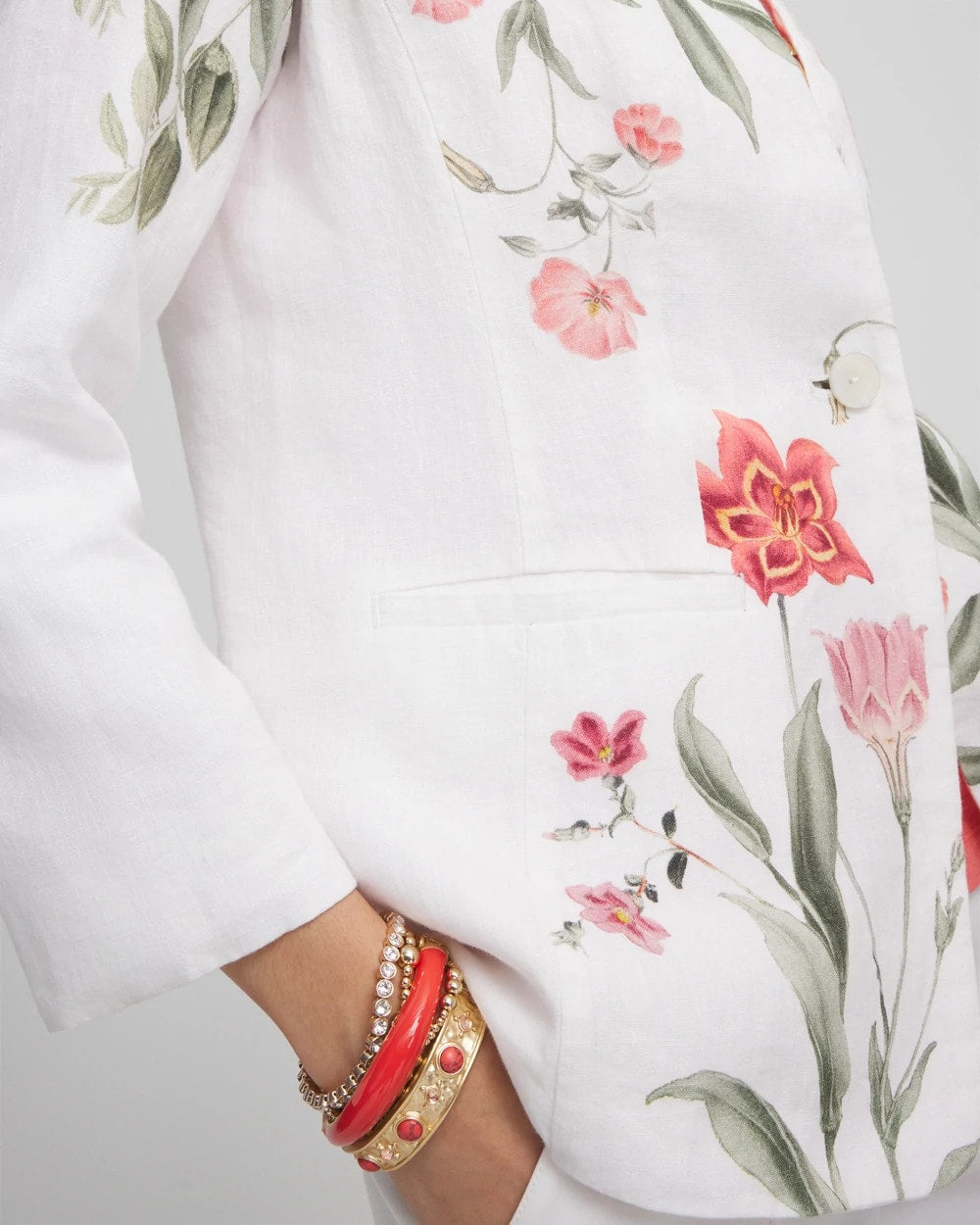 Chico's Floral Linen Non-Stretch Blazer ALABASTER