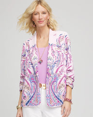 Chico's Ruched Sleeve Paisley Blazer LAVENDER SKIES