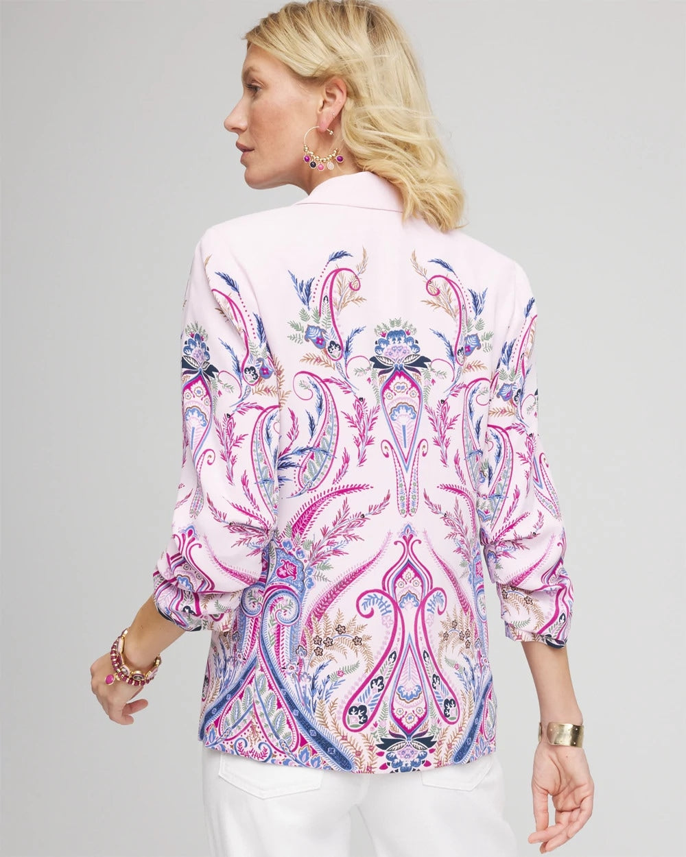 Chico's Ruched Sleeve Paisley Blazer LAVENDER SKIES