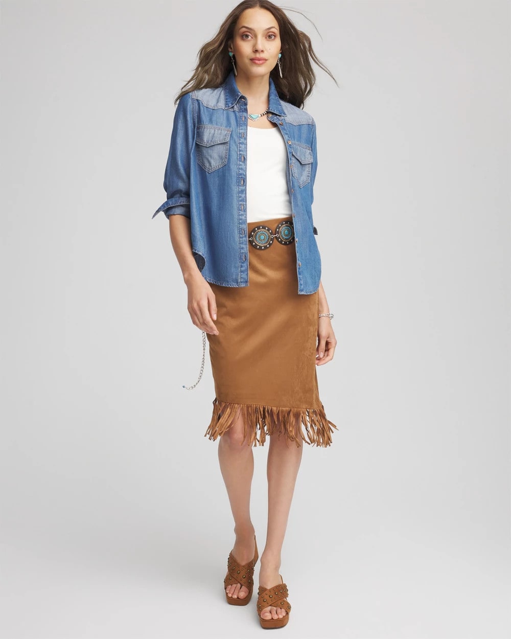 Chico's Suede Fringed Asymmetrical Skirt BURNT SIENNA