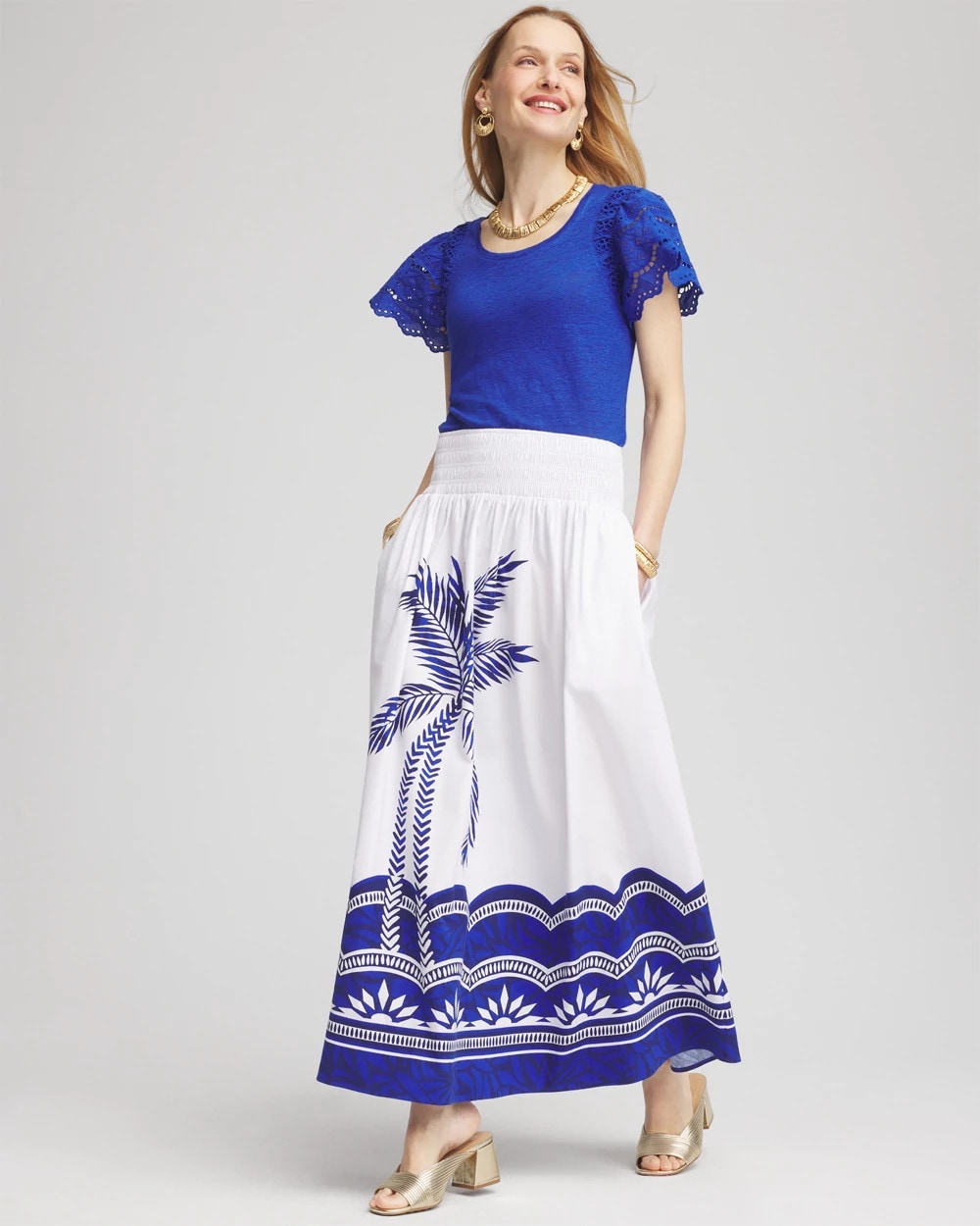 Chico's Tropical Smocked Waist Pull-On Skirt ALABASTER