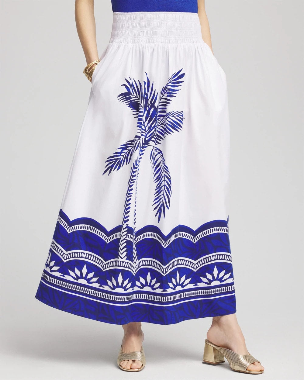 Chico's Tropical Smocked Waist Pull-On Skirt ALABASTER