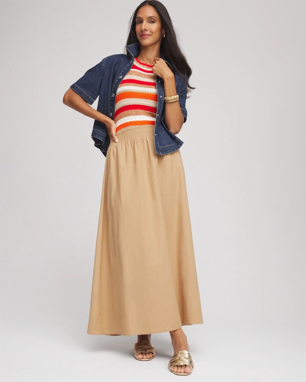 Chico's Smocked Pull-On Midi Skirt CAFE AROMA