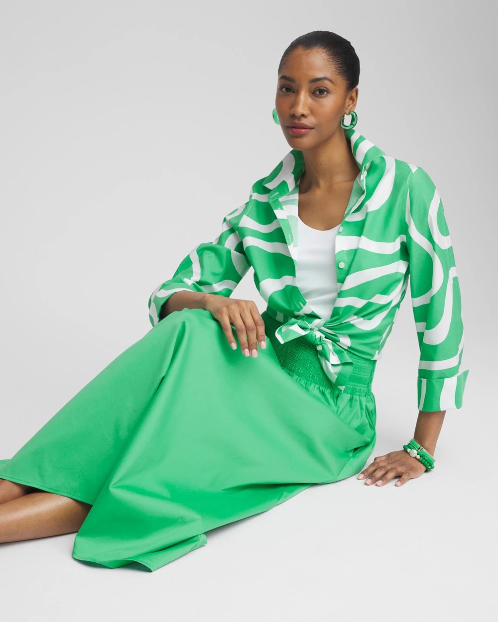 Chico's Poplin Smocked Waist Skirt GRASSY GREEN