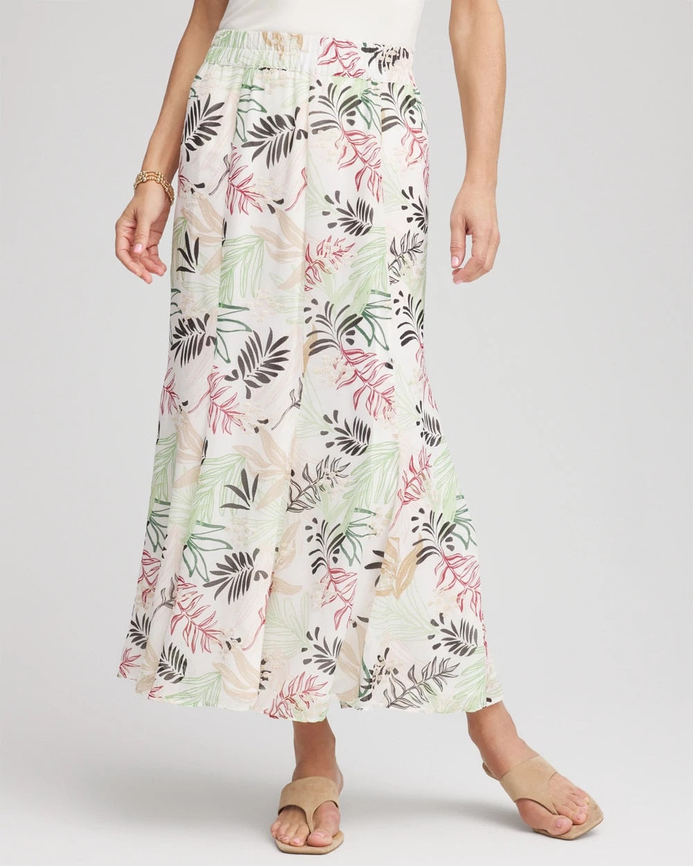 Chico's Floral Embroidered Crinkle Maxi Skirt ECRU