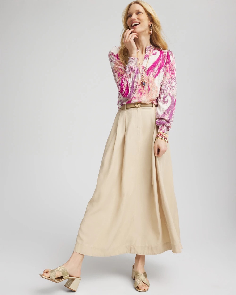 Chico's Pleated A-Line Midi Skirt WILD TRUFFLE