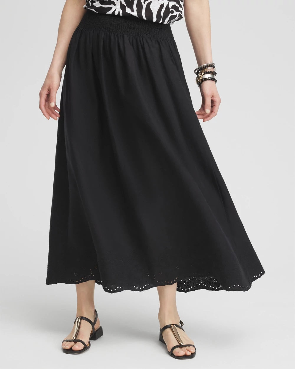 Chico's Linen Embroidered Scallop Hem Skirt BLACK