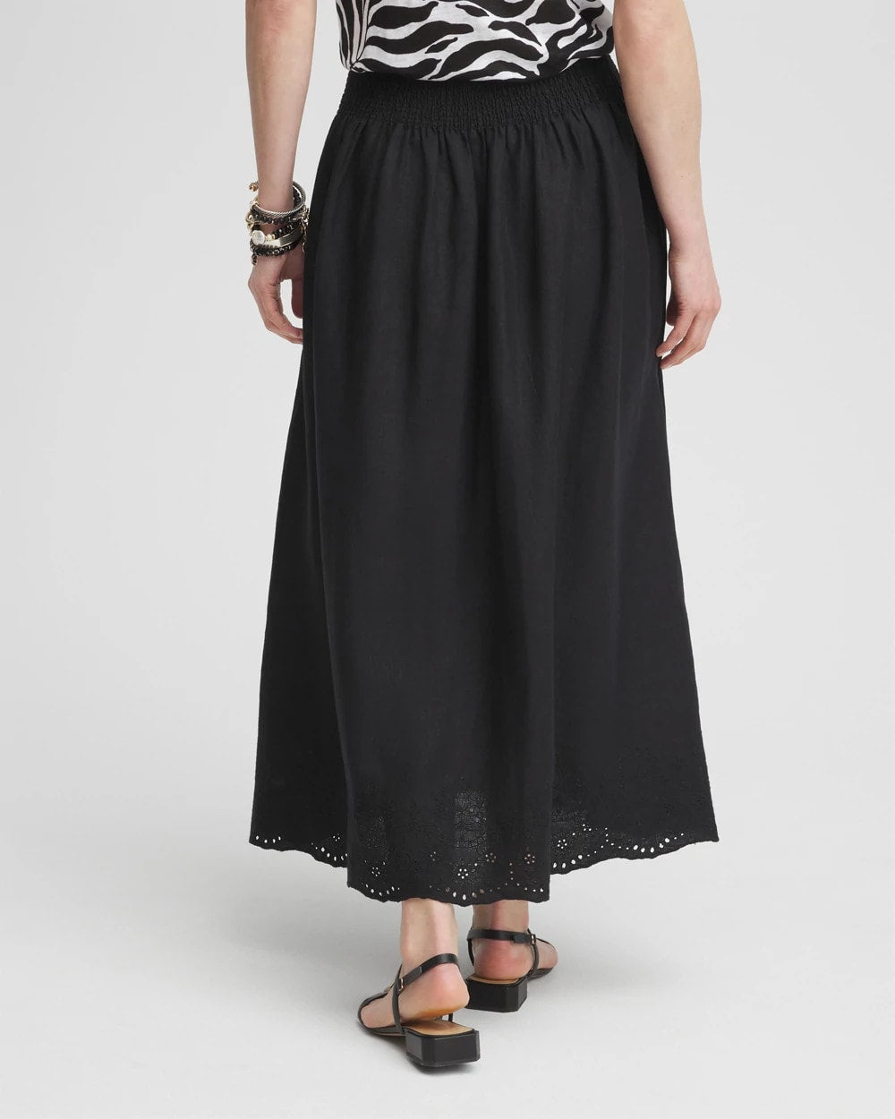 Chico's Linen Embroidered Scallop Hem Skirt BLACK