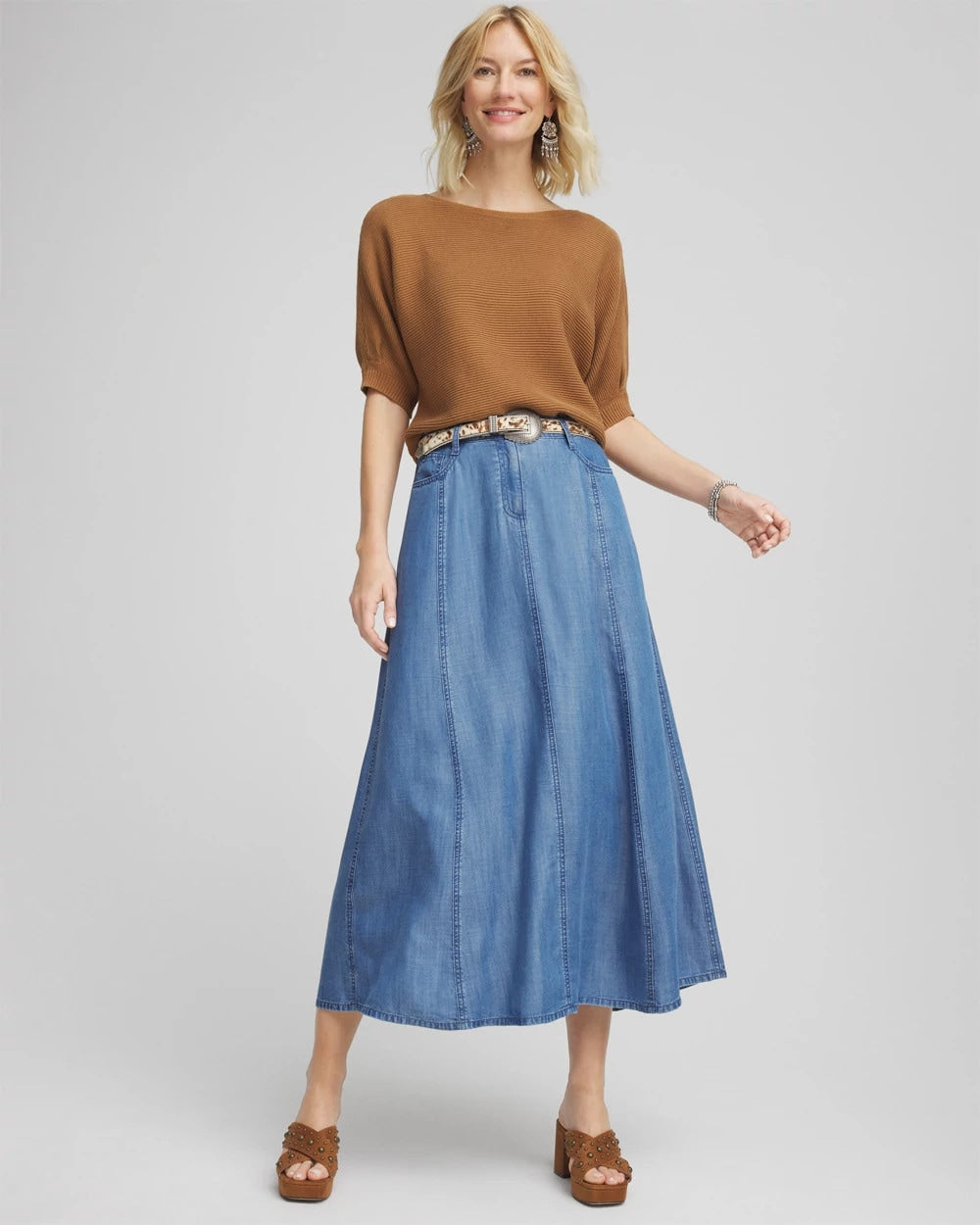 Chico's Lightweight Denim Fly Front Midi Skirt BAILEY INDIGO