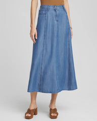Chico's Lightweight Denim Fly Front Midi Skirt BAILEY INDIGO