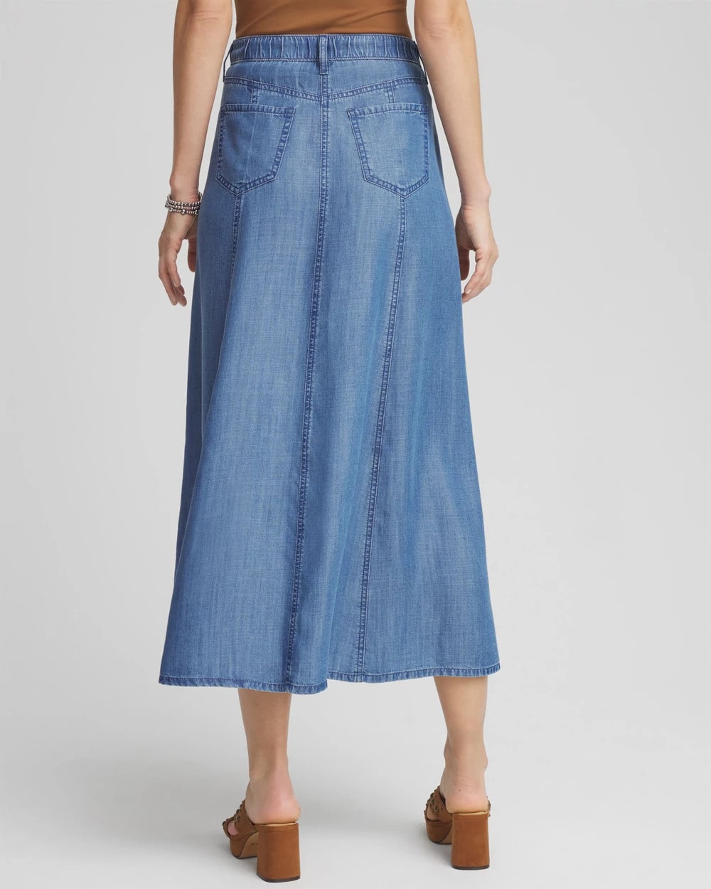Chico's Lightweight Denim Fly Front Midi Skirt BAILEY INDIGO