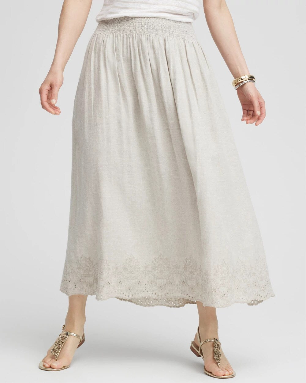 Chico's Linen Embroidered Scallop Hem Skirt OATMEAL