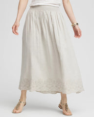 Chico's Linen Embroidered Scallop Hem Skirt OATMEAL