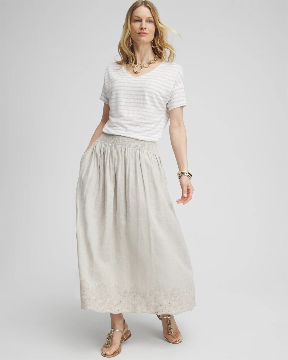Chico's Linen Embroidered Scallop Hem Skirt OATMEAL