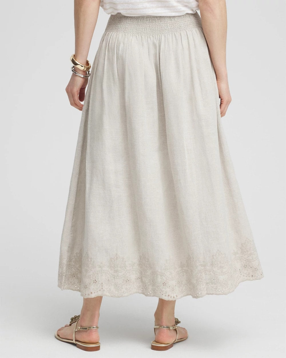 Chico's Linen Embroidered Scallop Hem Skirt OATMEAL