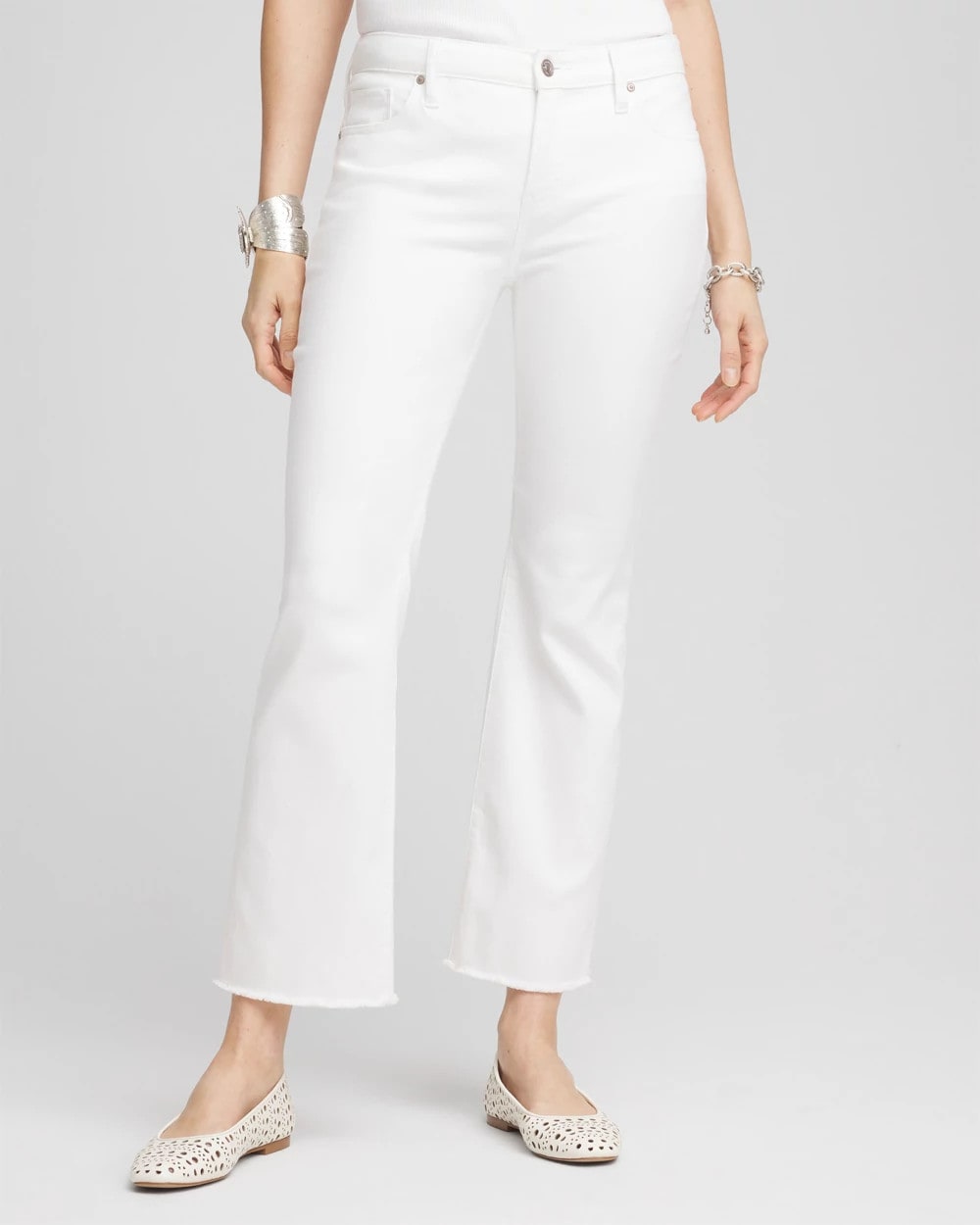 Chico's Petite No Stain Girlfriend Fray Hem Kick Flare Jeans ALABASTER