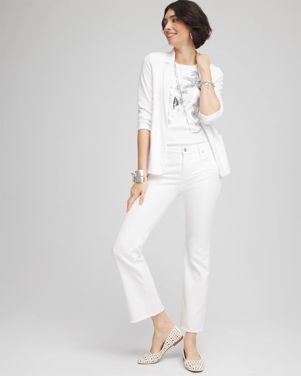 Chico's Petite No Stain Girlfriend Fray Hem Kick Flare Jeans ALABASTER