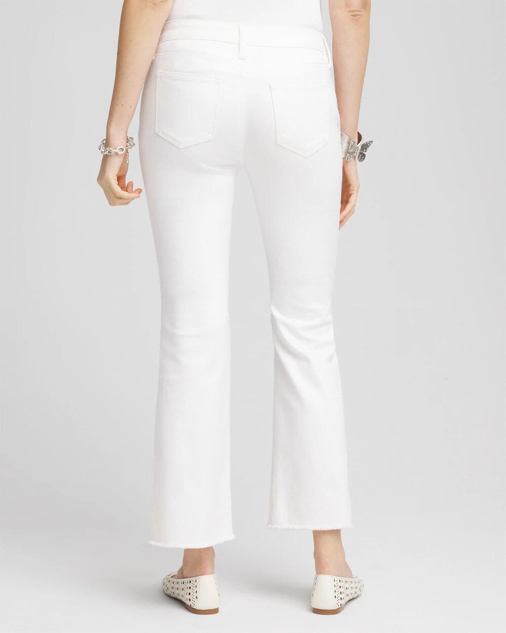 Chico's Petite No Stain Girlfriend Fray Hem Kick Flare Jeans ALABASTER