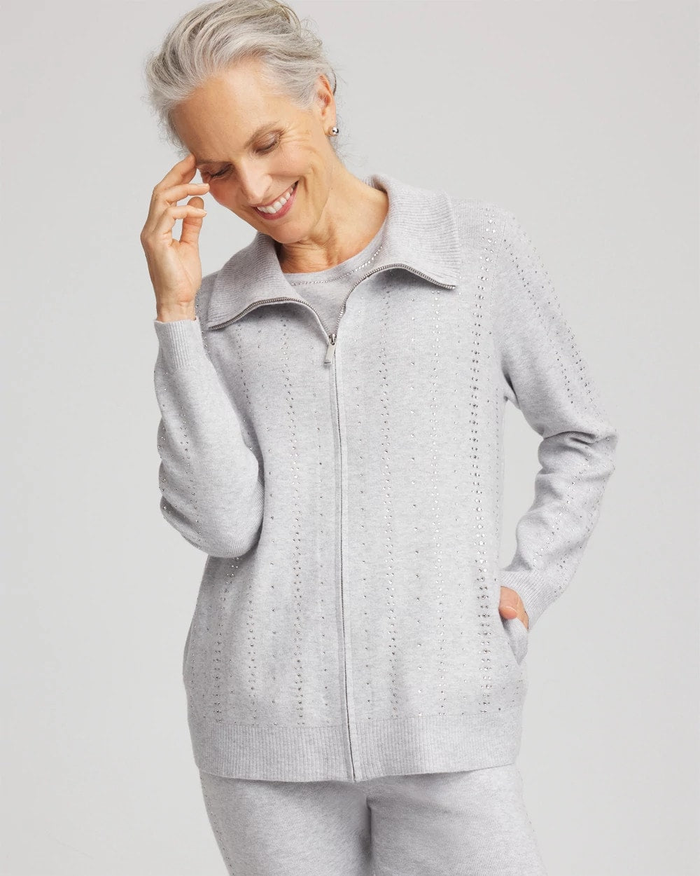 Chico's Zenergy® Luxe Diamante Zip Cardigan FROSTED GRAY HEATHER