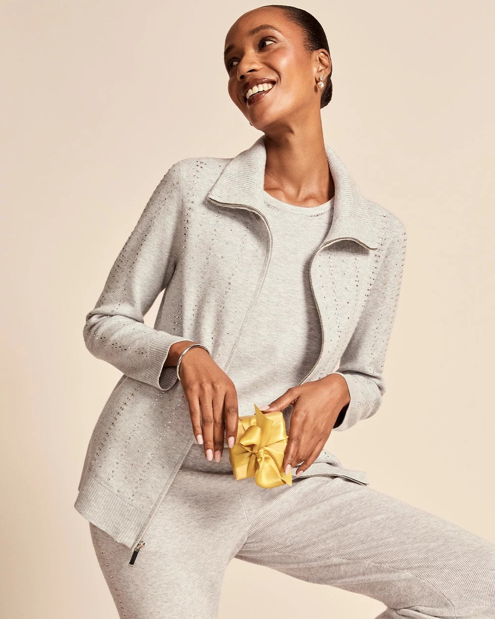 Chico's Zenergy® Luxe Diamante Zip Cardigan FROSTED GRAY HEATHER