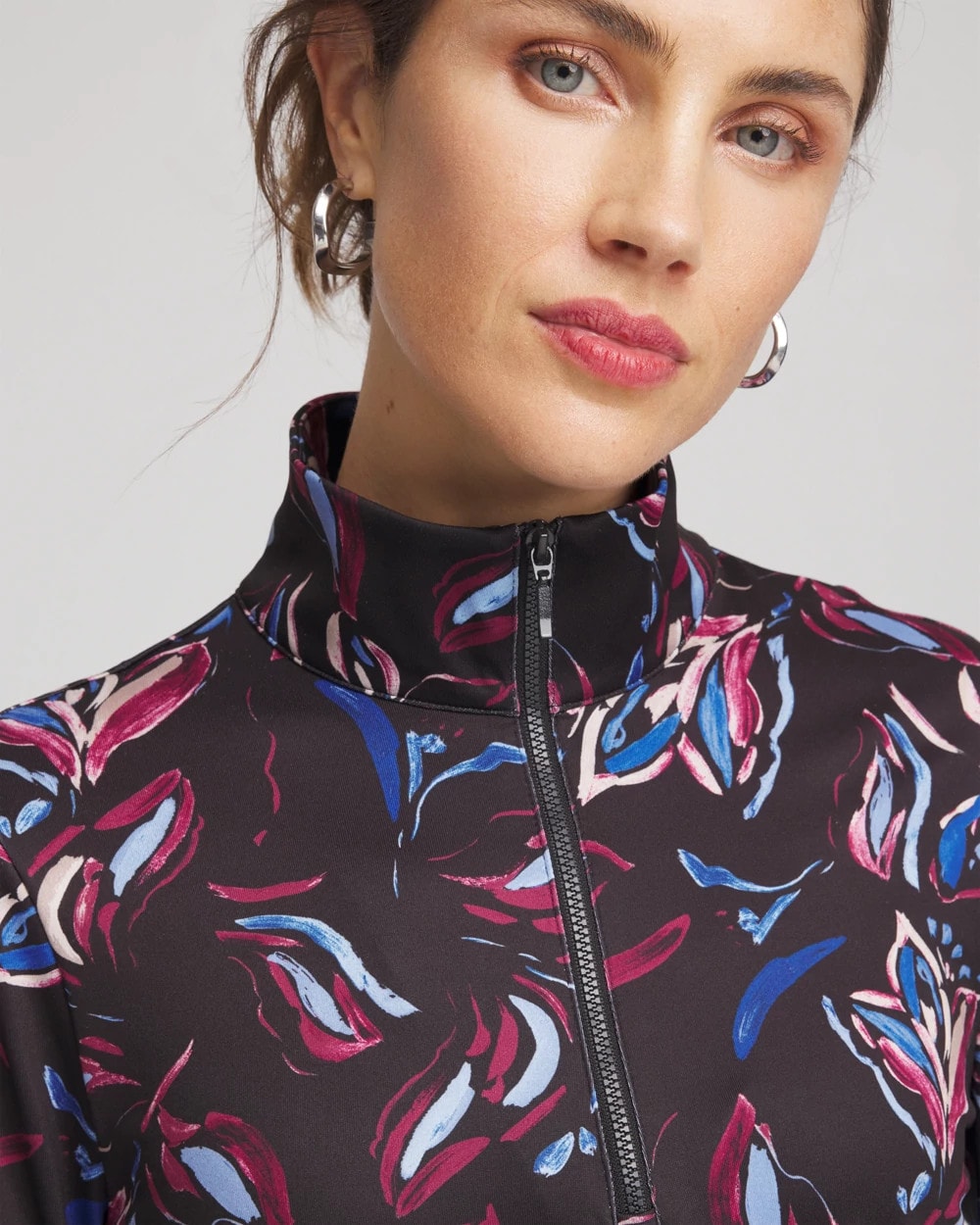 Chico's Zenergy® UPF Floral Half-Zip Pullover Top DEEP CHIANTI