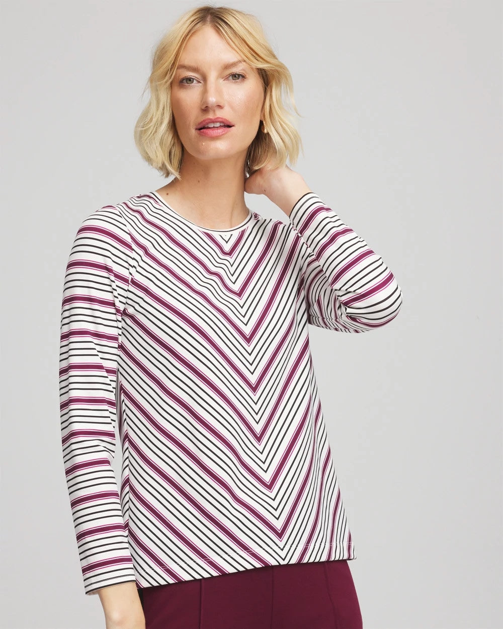 Chico's Zenergy® Soft Brushed Striped Top DEEP CHIANTI