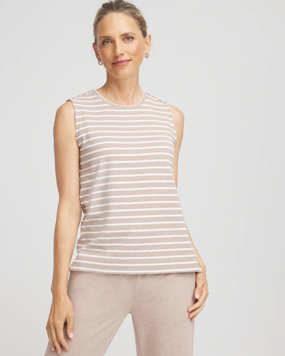 Chico's Zenergy® UPF Sleeveless Metallic-Striped Tank LIGHT TAUPE HEATHER