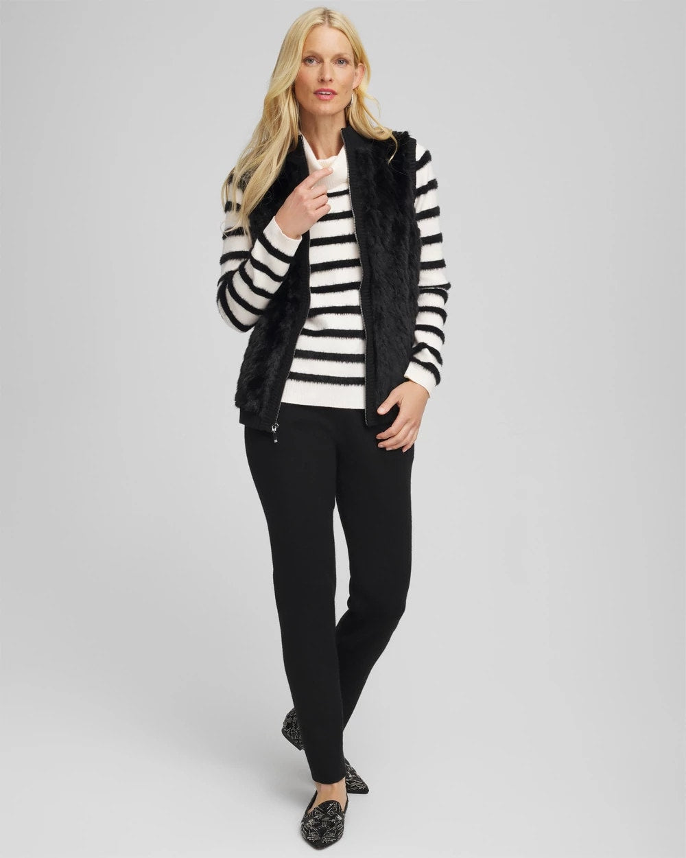 Chico's Zenergy® Luxe Eyelash Striped Sweater BLACK