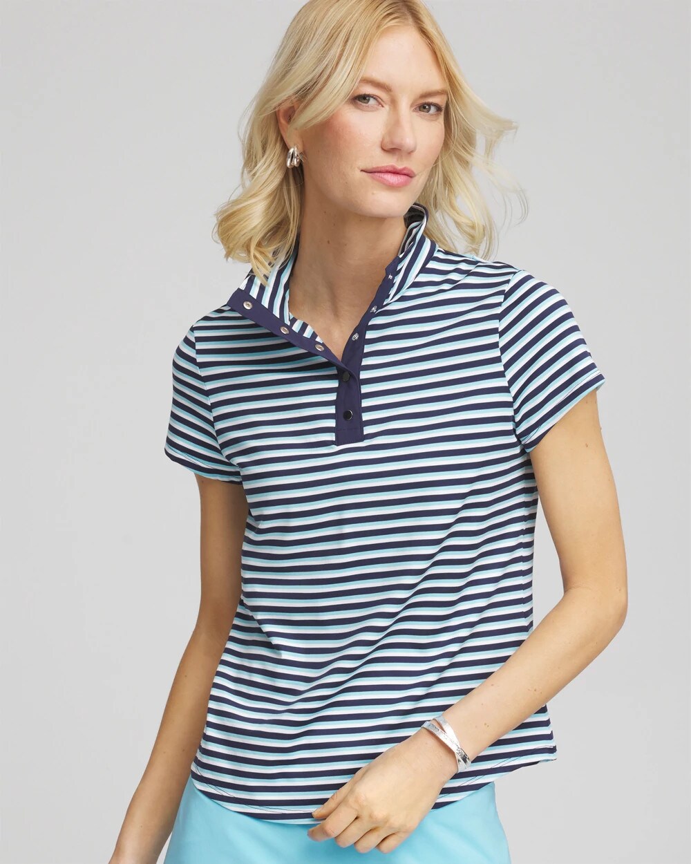 Chico's Zenergy® Striped UPF Mockneck Short-Sleeve Top PARADISO BLUE