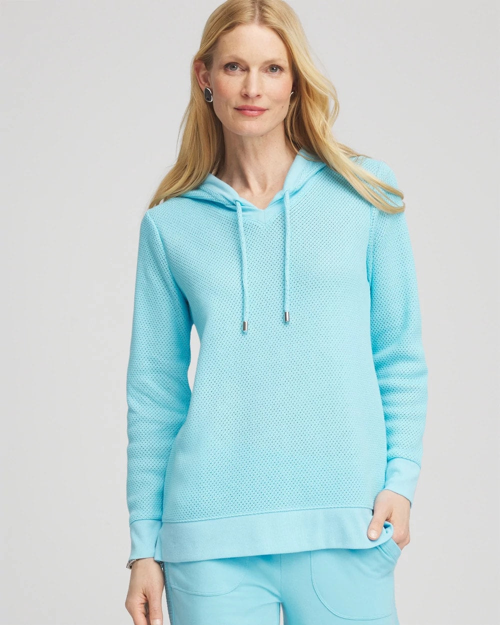 Chico's Zenergy® Crochet Knit Hooded Pullover Top PARADISO BLUE