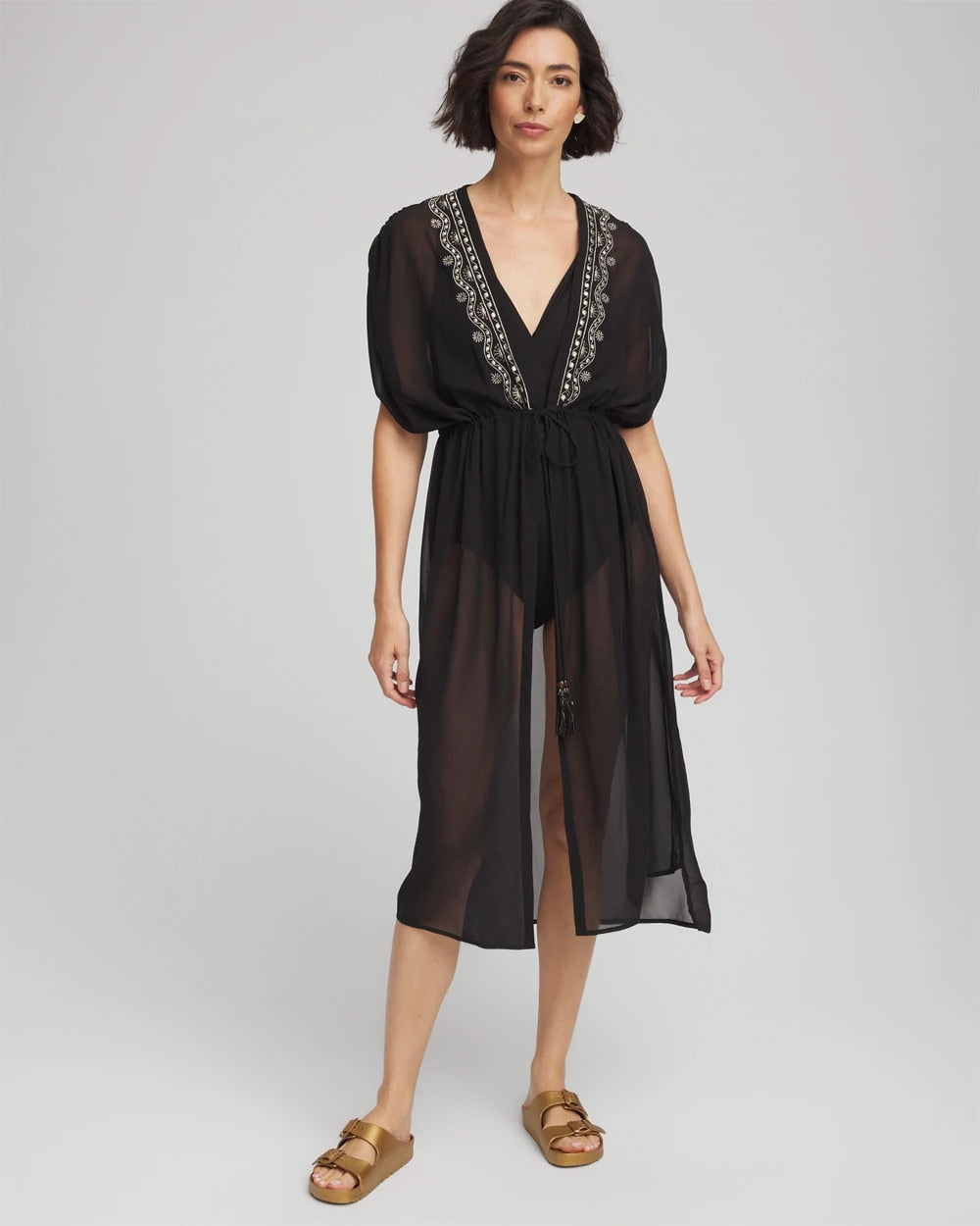Chico's Miraclesuit® Beach Embroidered Long Kimono BLACK