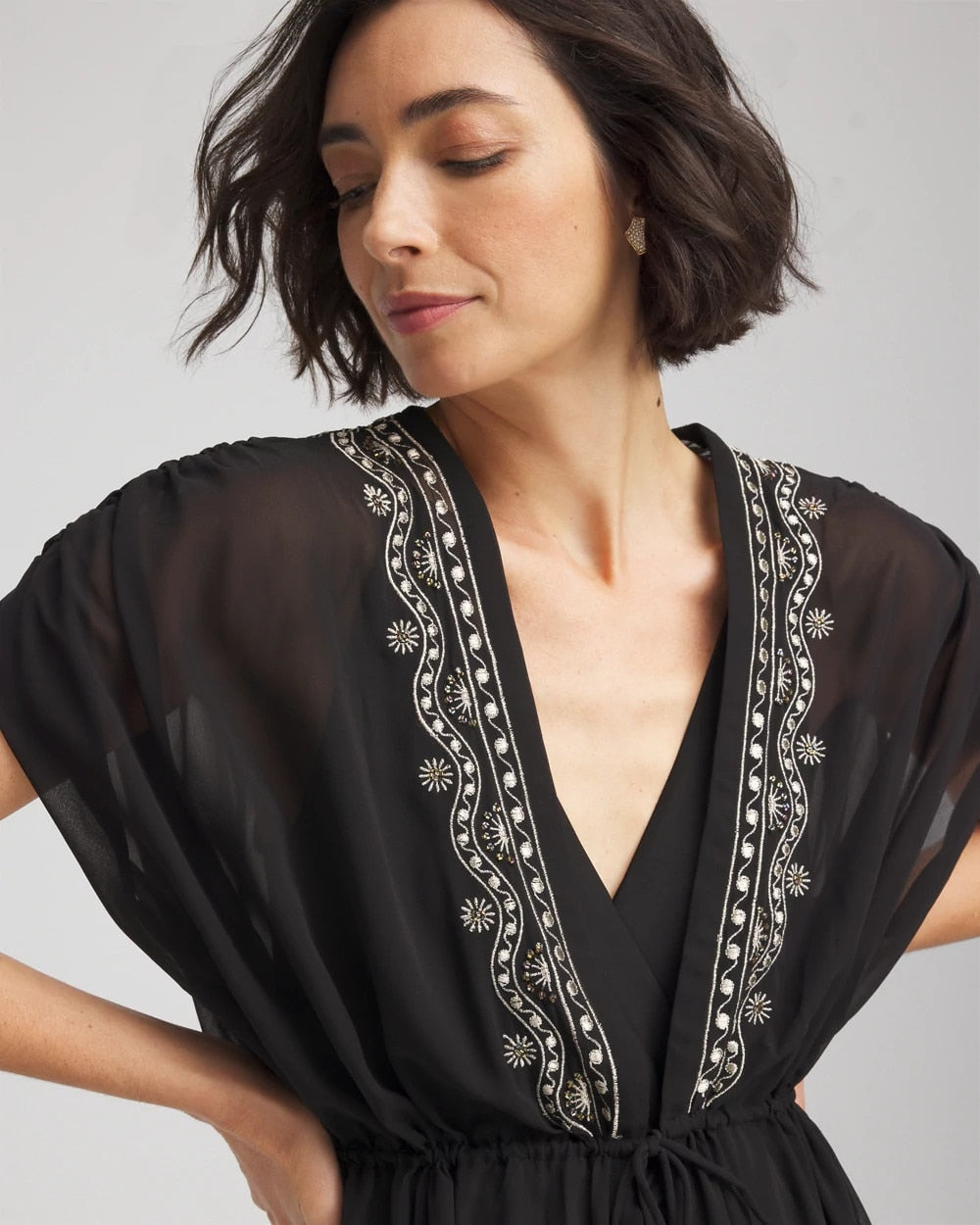 Chico's Miraclesuit® Beach Embroidered Long Kimono BLACK