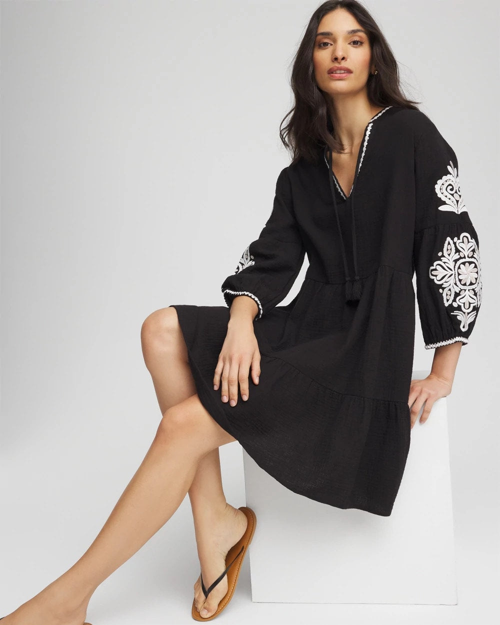 Chico's Woven Embroidered Swim Cover-Up BLACK