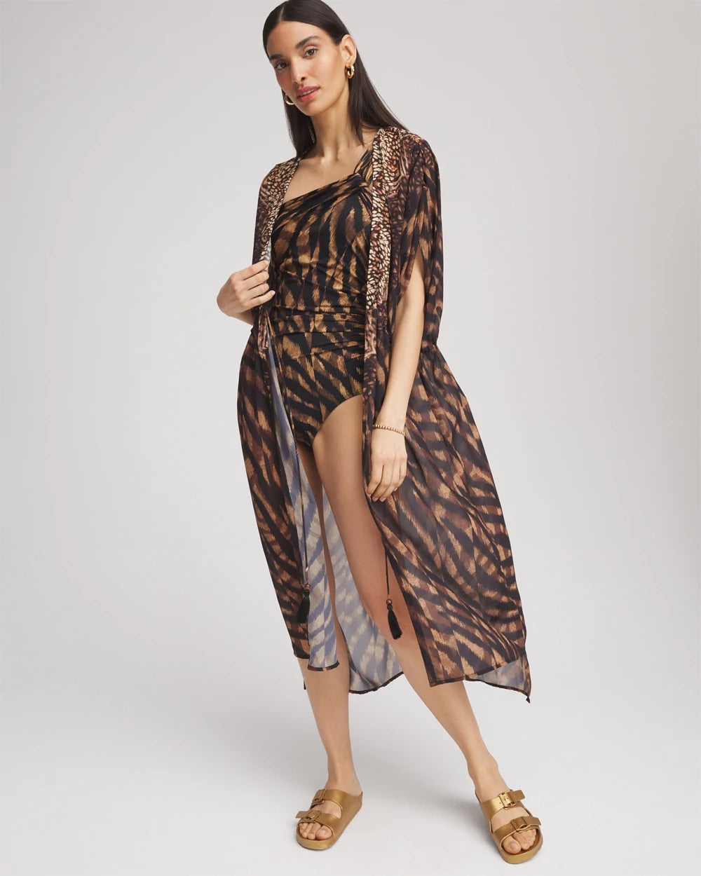 Chico's Miraclesuit® Raya De Safari Kimono Cover-Up BLACK/BROWN