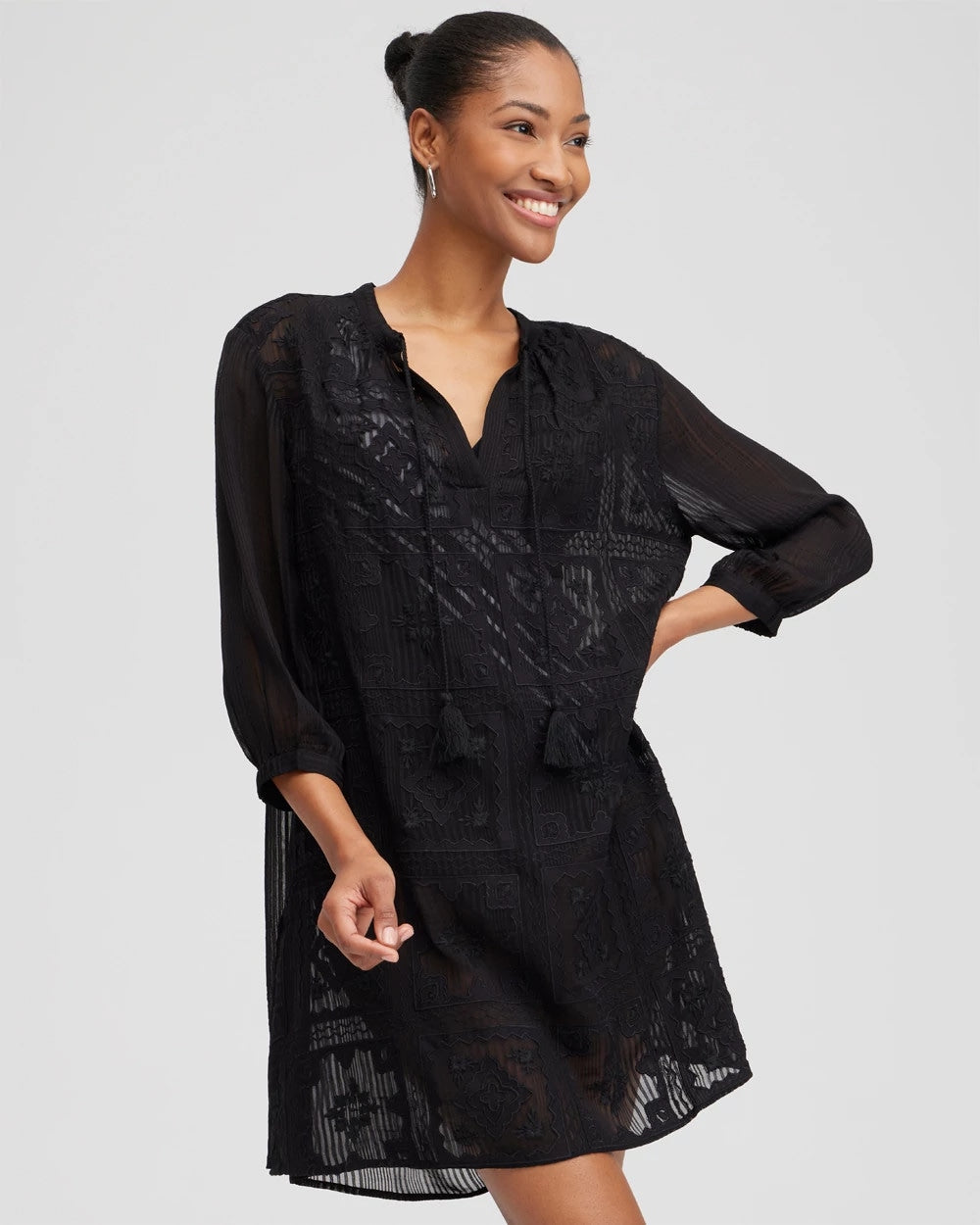 Chico's Embroidered Swim Dress Coverup BLACK