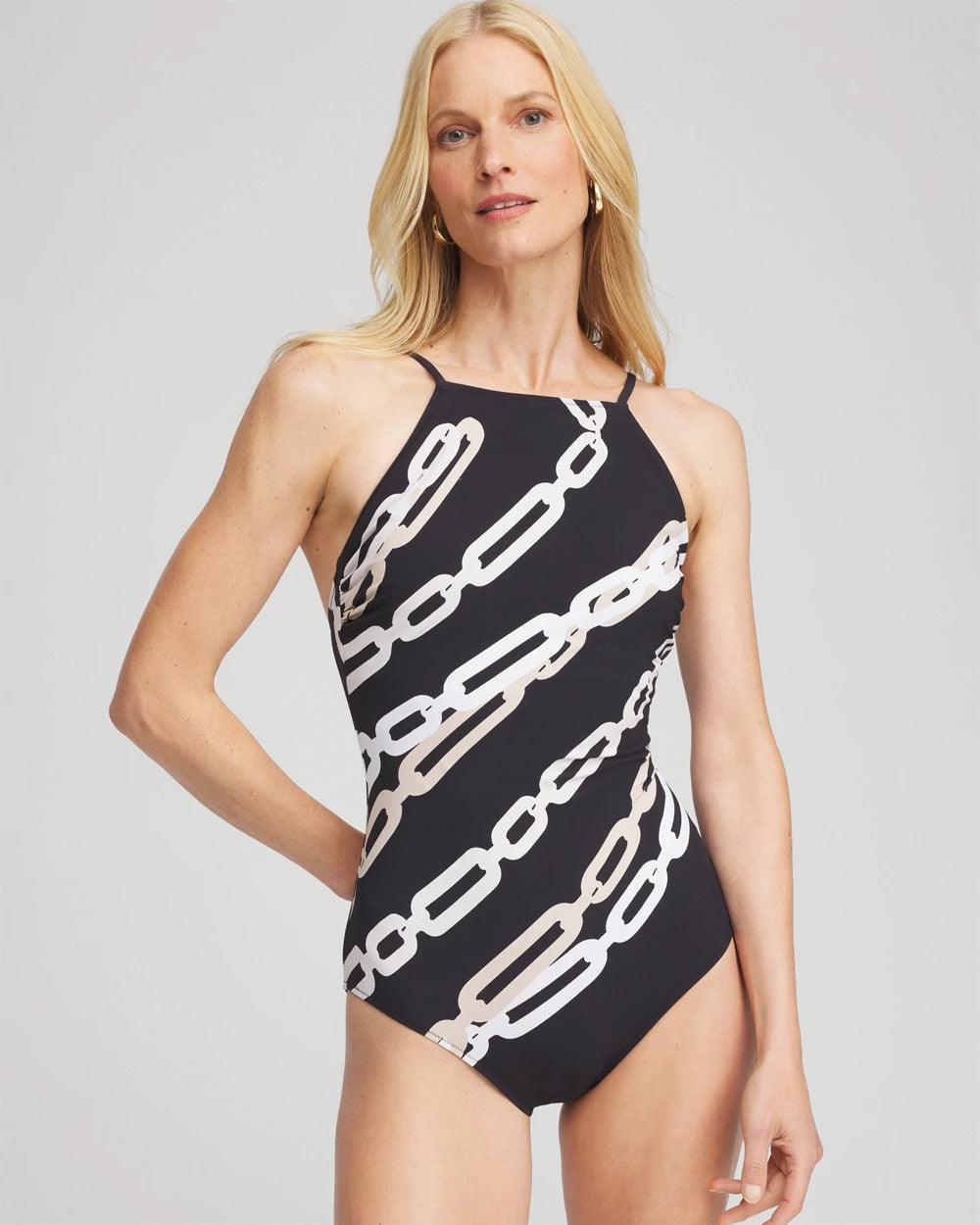 Chico's Gottex High Neck Halter Top Swimsuit BLACK/NATURAL CREAM