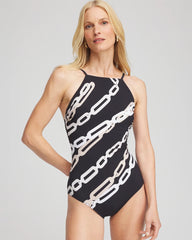 Chico's Gottex High Neck Halter Top Swimsuit BLACK/NATURAL CREAM