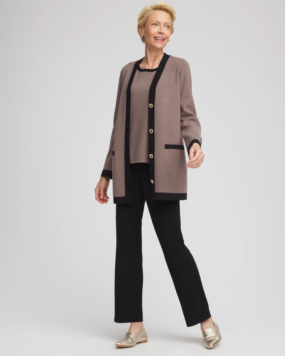 Chico's Travelers™ Tipped Button-Down Cardigan DEEP TAUPE