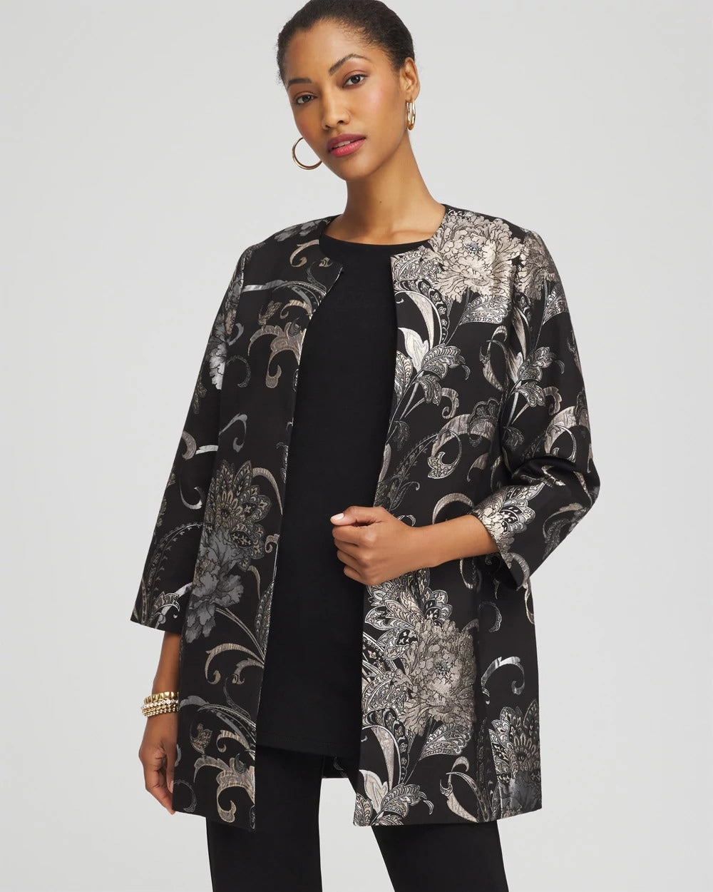 Chico's Travelers™ Collection Jacquard Floral Shine Jacket TRAVELERS BLACK