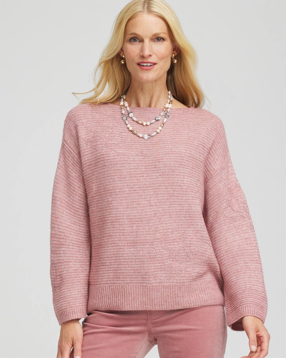 Chico's Tonal Embroidered Boatneck Pullover Sweater DUSTY ROSE