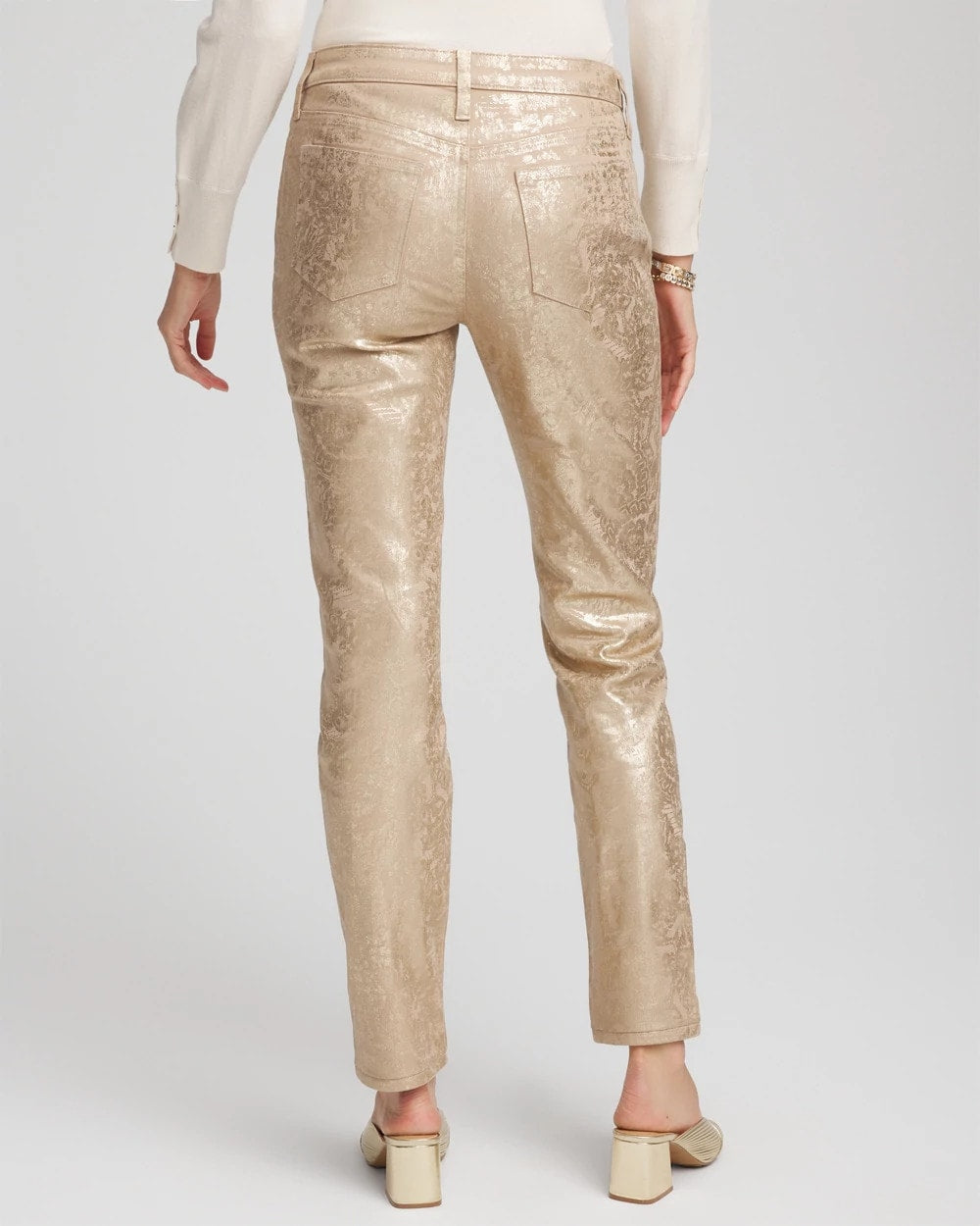 Chico's Girlfriend Slim Ankle Foiled Lace Jeans CHAMPAGNE FIZZ