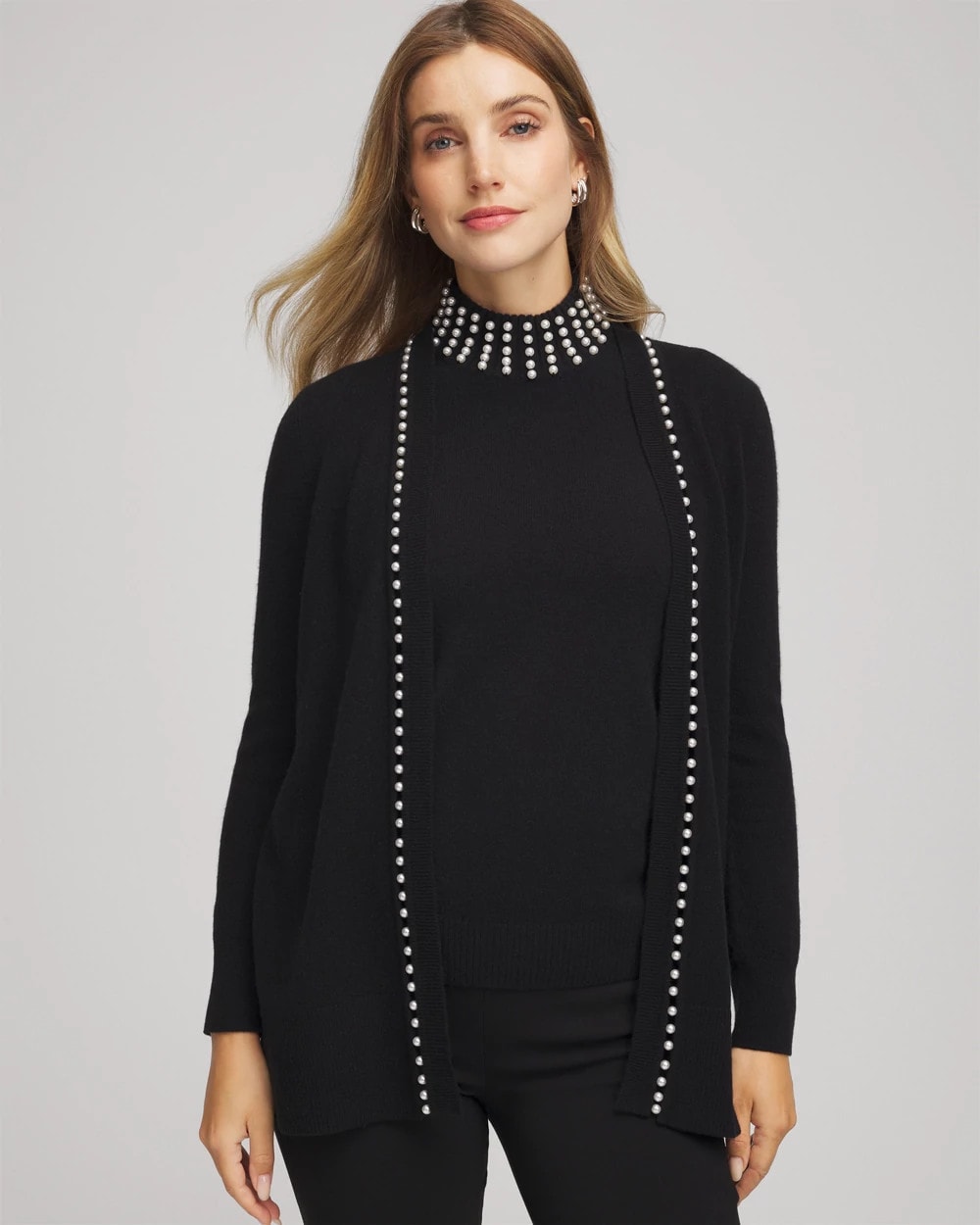 Chico's Cashmere Pearl-Trim Cardigan BLACK