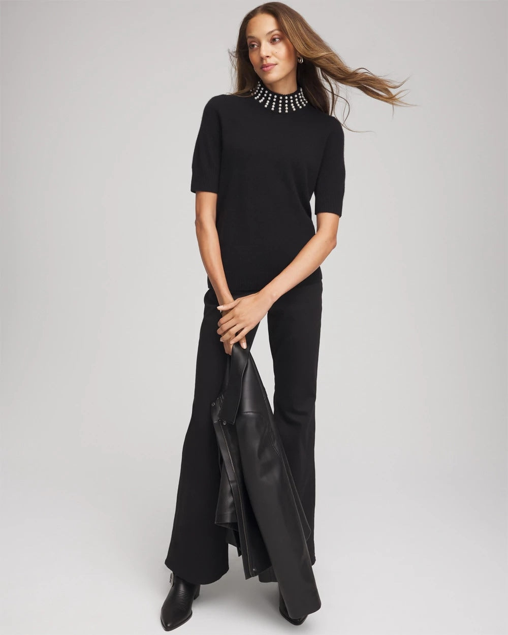Chico's Cashmere Pearl Mockneck Sweater BLACK