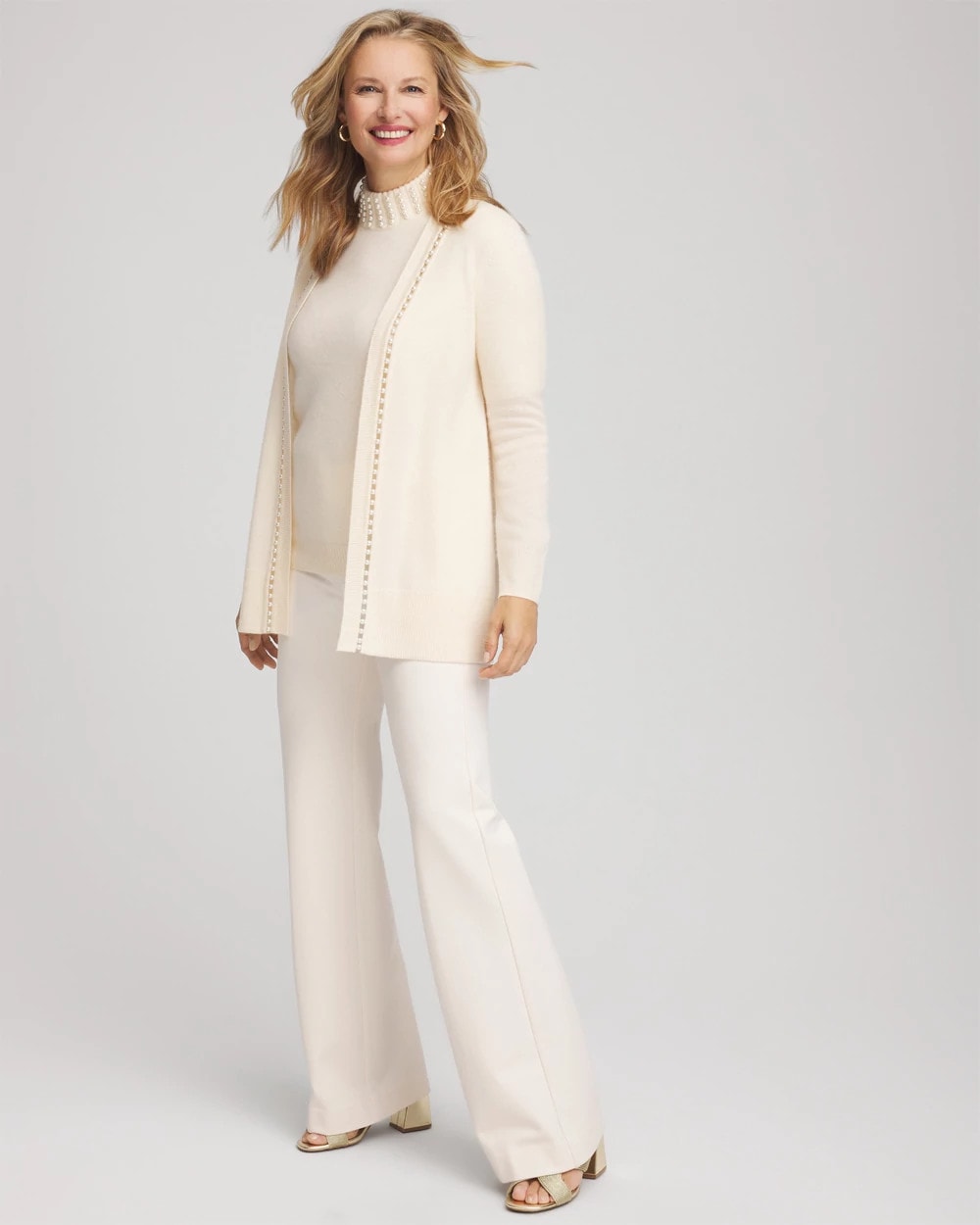 Chico's Cashmere Pearl-Trim Cardigan CREAM