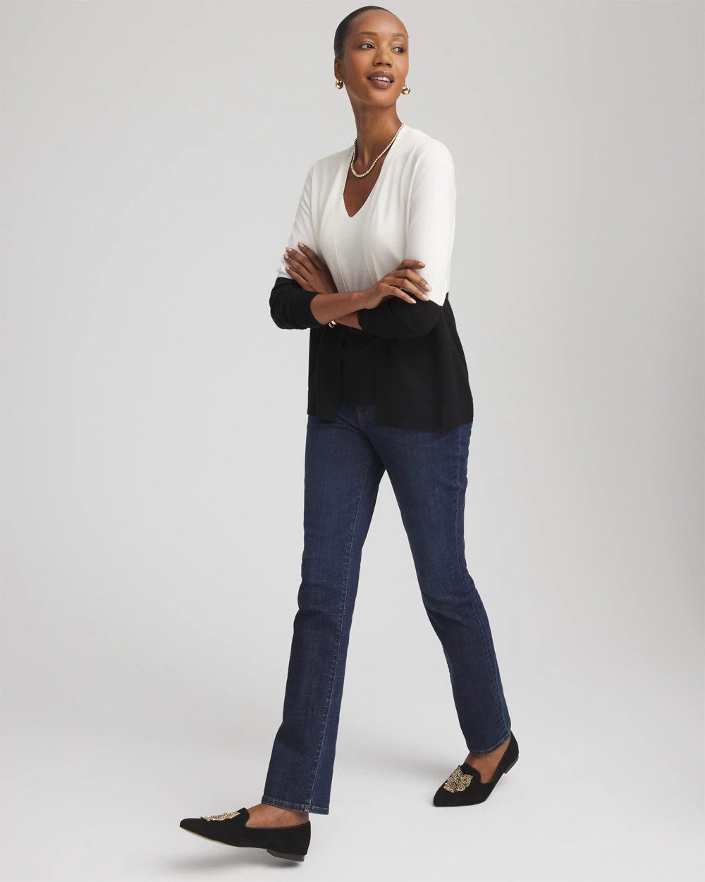 Chico's Ella Colorblock Long-Sleeve Cardigan ECRU